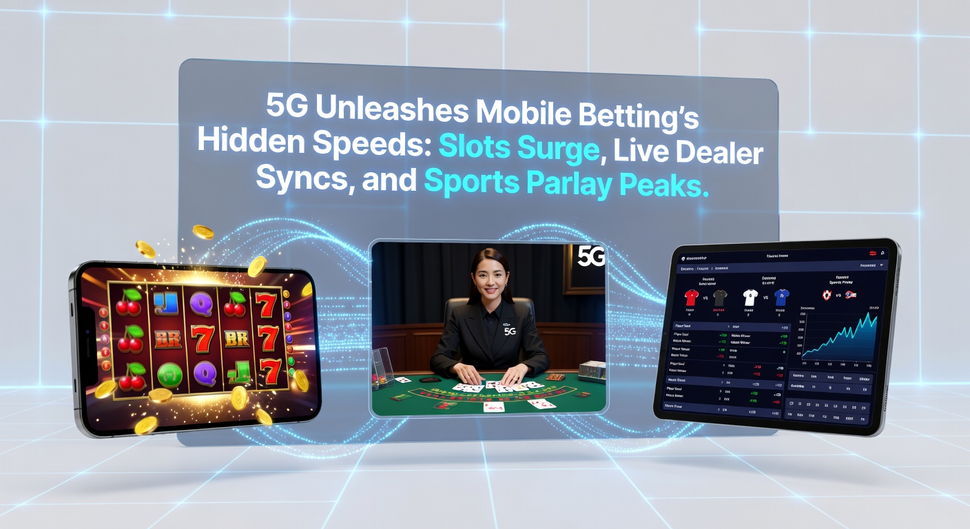 Smartphone-scherm met draaiende 5G-geoptimaliseerde slots, bonussen vallen en snelheidindicatoren oplichten