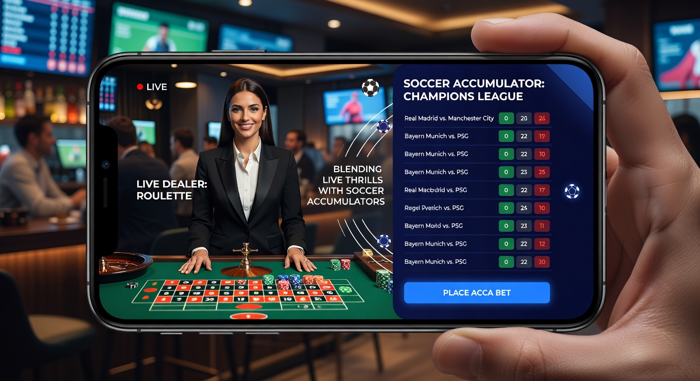 Smartphone met gelijktijdige live dealer blackjack tafel en real-time voetbal accumulator builder, met odds en dealer interactie zichtbaar