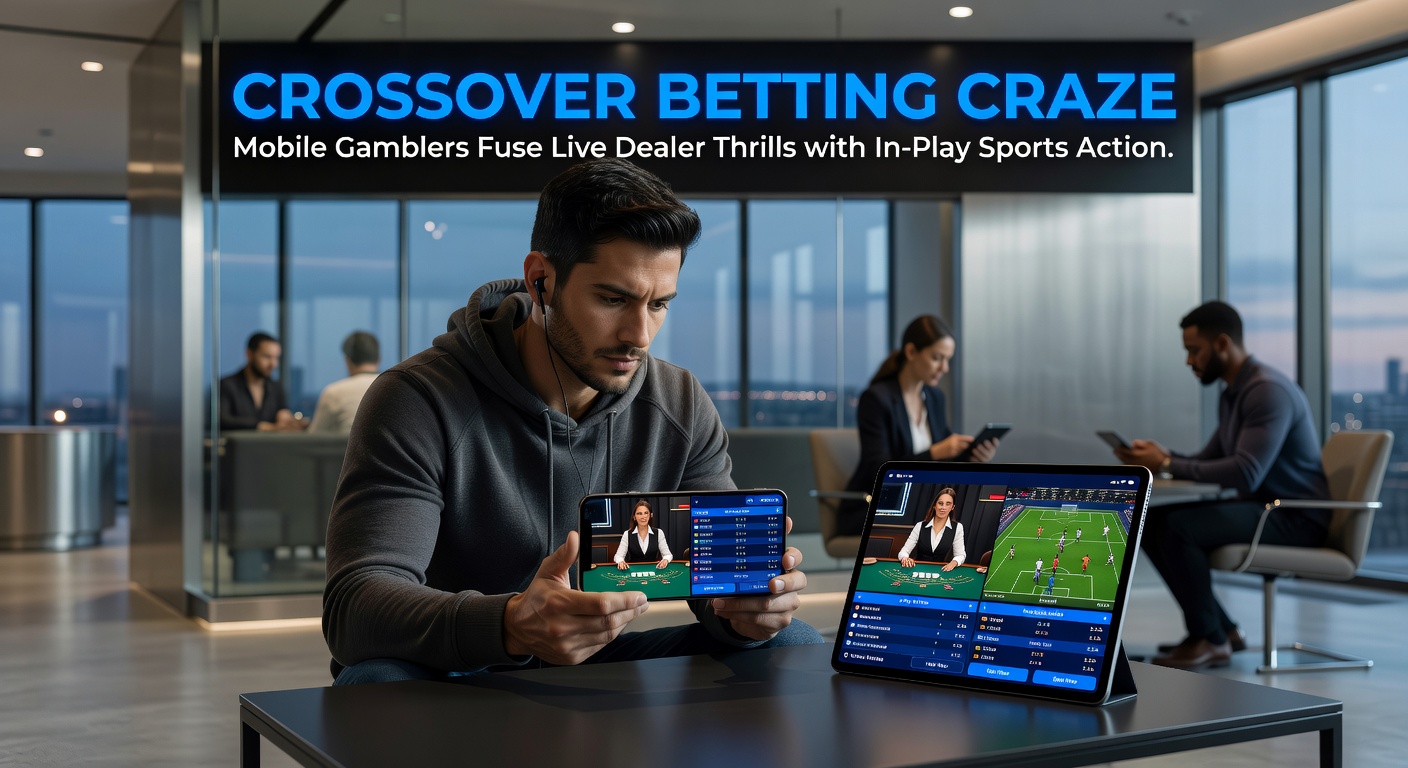 Grafiek met stijgende lijnen van crossover betting volumes op mobiel, naast screenshots van live dealer en sport apps