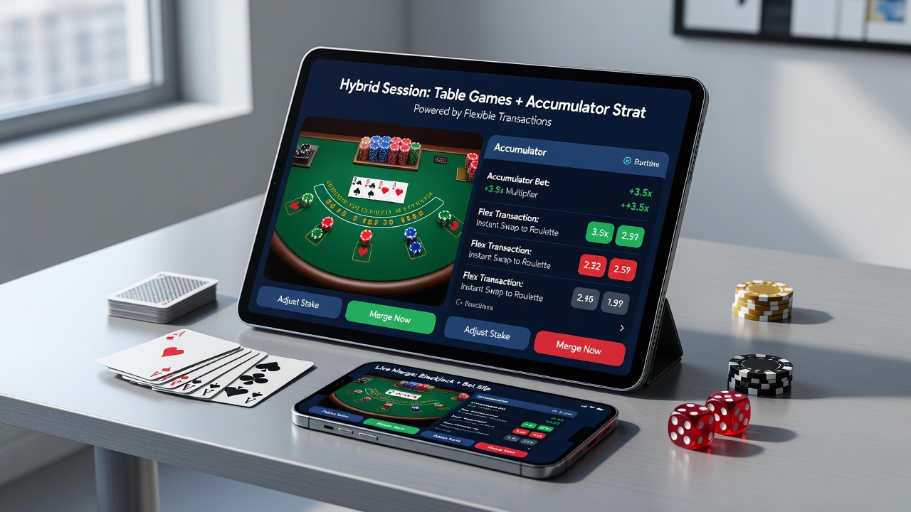 Gebruikersinterface die een live poker tafel verbindt met een lopende sport accumulator op een tablet apparaat