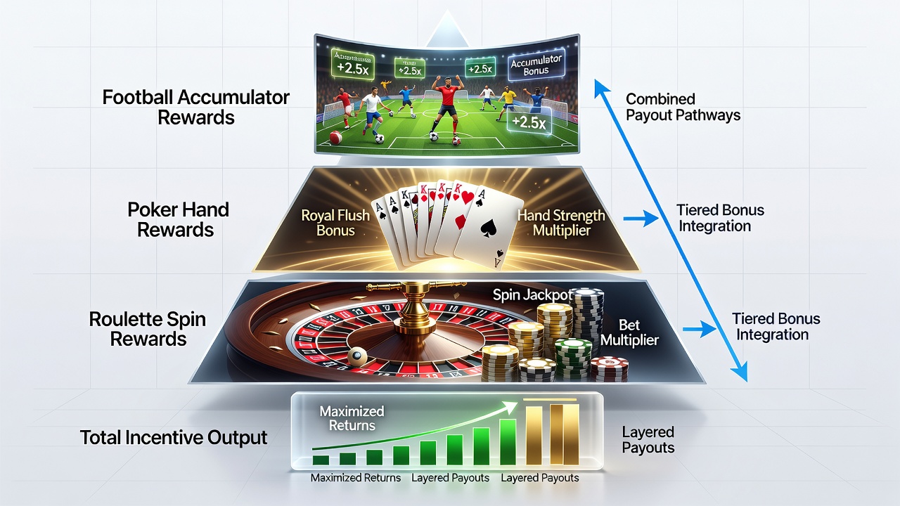Gebruiker die beloningen stapelt tussen poker, roulette en voetbalaccumulators op een mobiel apparaat