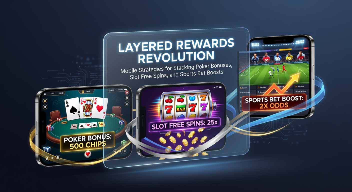 Scherm van een mobiele app die pokerbonussen, slot free spins en sport boosts toont in een gestapeld rewards-systeem
