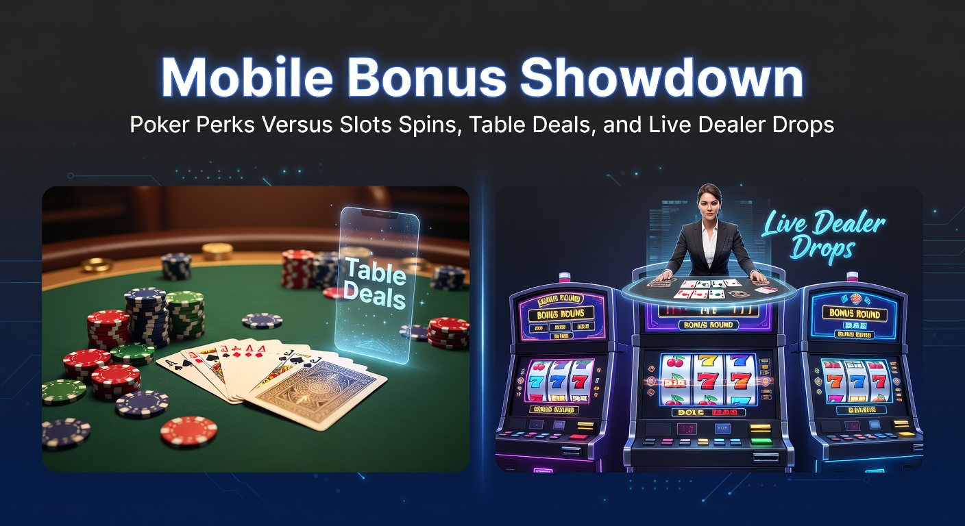 Smartphone met pokerapp en bonuspop-up op een casino achtergrond, symboliserend mobiele pokerperks in actie