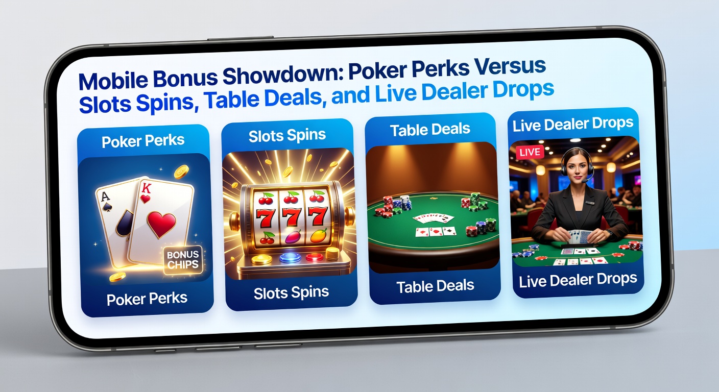 Dynamische weergave van een mobiel slots spel met free spins bonus en een live dealer tafel op de achtergrond, illustrerend de bonusshowdown