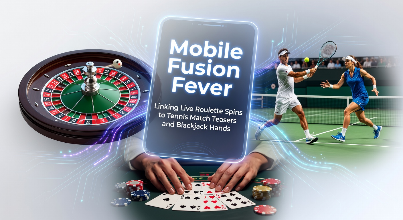 Mobiele app met live roulette wiel, tenniswedstrijd teaser en blackjack tafel op één scherm, illustrerend hybride gokervaring