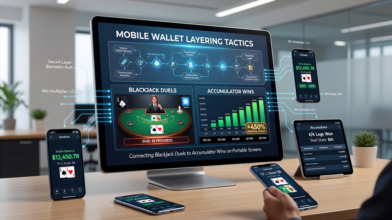Diagram van gelaagde e-wallet transacties tussen blackjack en accumulatoren op mobiele apparaten