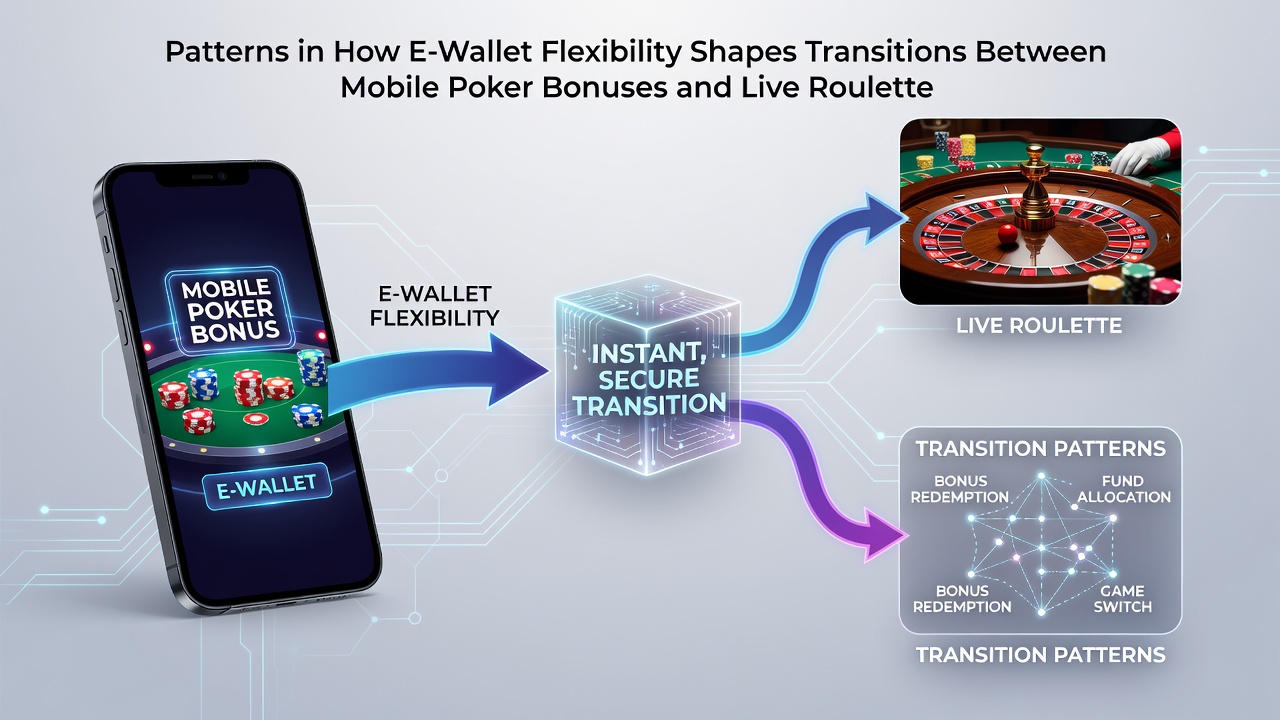 Schermweergave van e-wallet interface tijdens overgang van poker naar live roulette op smartphone