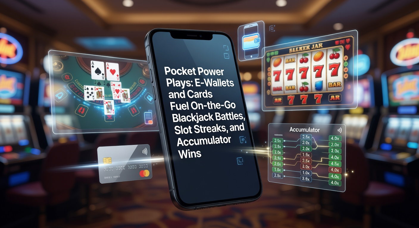 Mobiele telefoon met blackjack app en e-wallet icoontjes op een dynamische achtergrond van kaarten en fiches