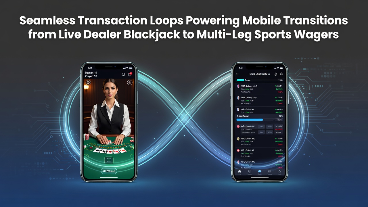 Mobiele interface die live dealer blackjack verbindt met sportaccumulators via snelle betalingscycli