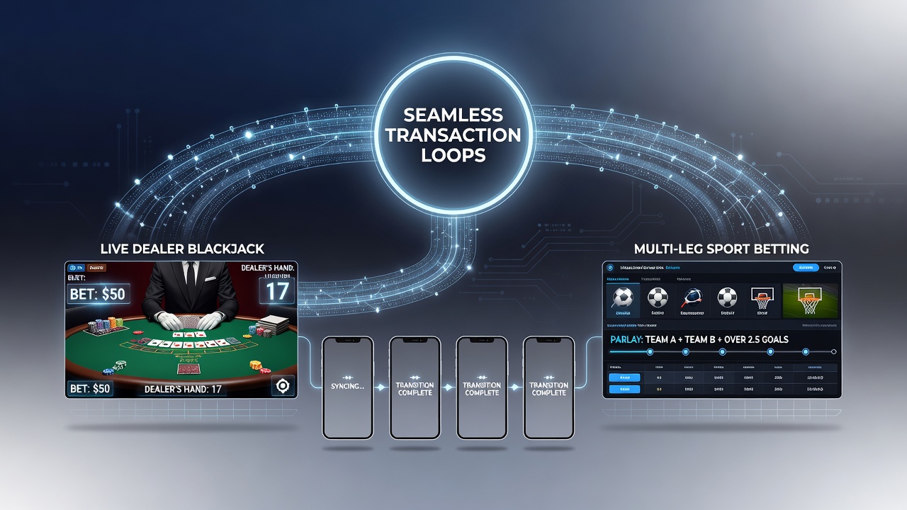 Diagram van transactielussen die blackjack winsten omzetten in sportweddenschap accumulators op mobiel