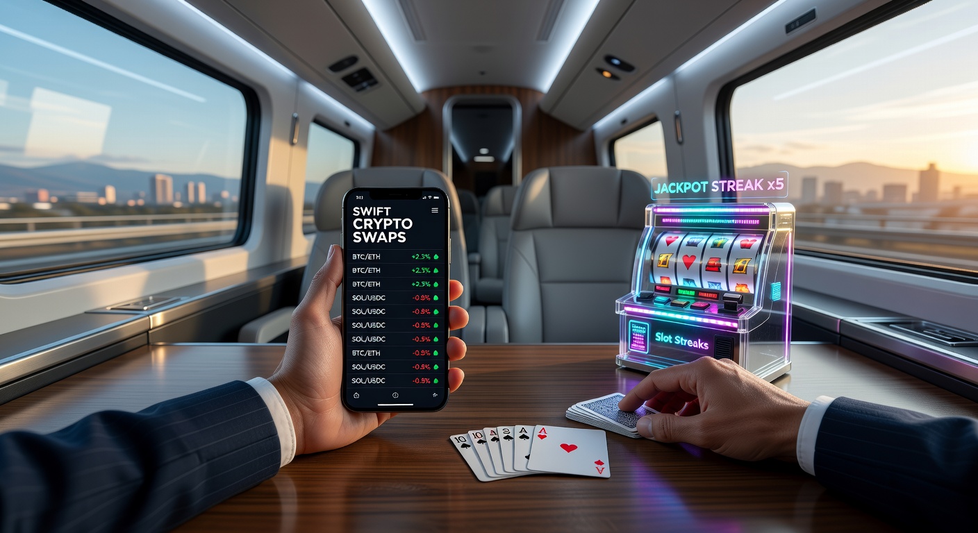 Mobiele blackjack speler wint toernooi met crypto swap op smartphone, slots draaien op achtergrond met snelle transacties