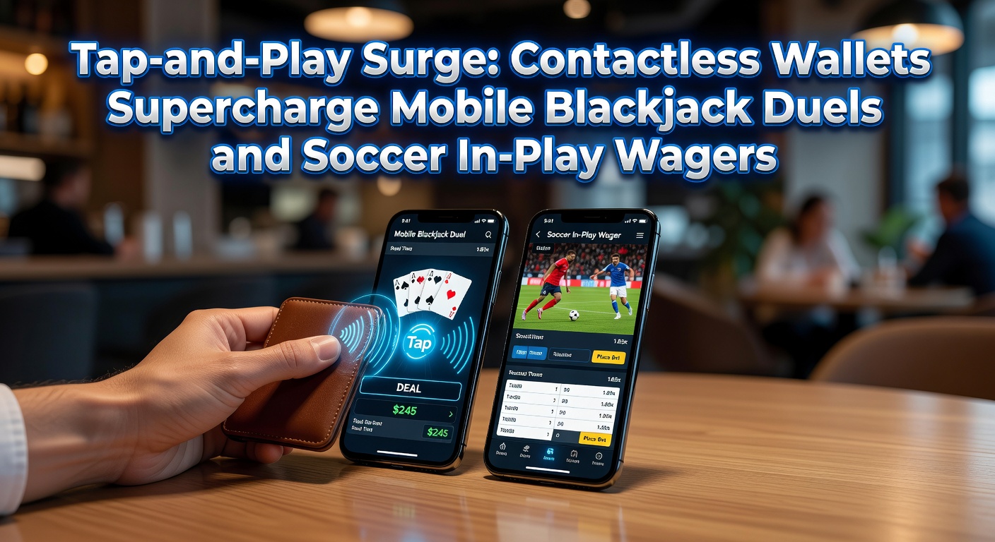 Smartphone met NFC-tap voor snelle blackjack-inzet op een voetbalwedstrijd-scherm, symboliserend contactloze betalingen in actie